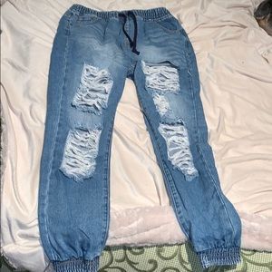 Light wash “jogger style” distressed jeans